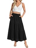Womens Flowy Maxi Skirt 2026 Pleated Tiered A-Line Elastic Waist Midi Skirt with Pockets