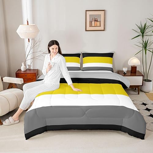 Miniatura 3 de Erosebridal Juego de ropa de cama amarillo negro gris con diseño geométrico a rayas, juego de edredón tamaño Queen, retazos blancos con rayas gris