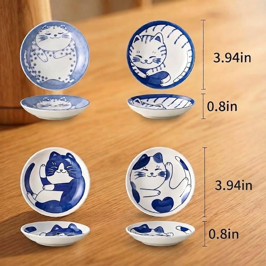 Cute Cat Ceramic Sauce Plates – 3.94 x 0.8 Inch Mini Round Soy Sauce Dishes – Set of 4 Japanese Style Dipping Bowls for Appetizers, Desserts, Sushi & Pet Food