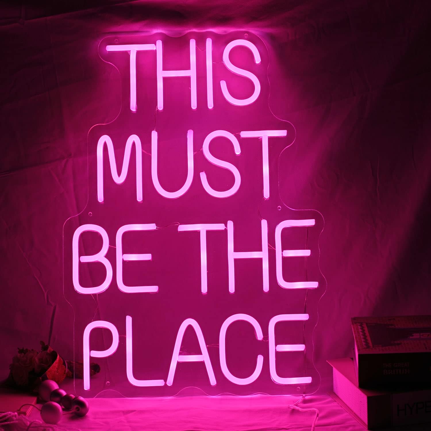 FARNEW This Must Be The Place Neon Sign Custom Neon Sign Wall Decorations Wedding Neon Sign for Weddings Anniversaries Party Flex Led Neon Light Sign Wedding Decor (Pink)