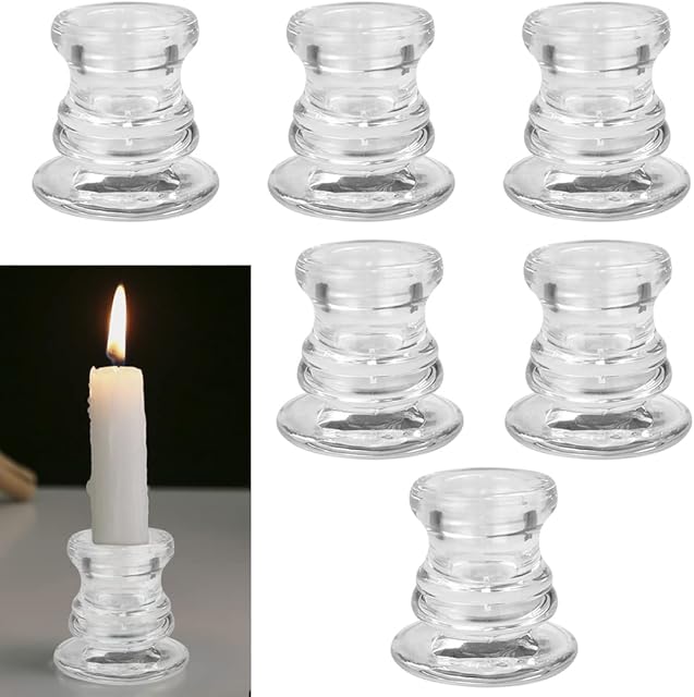 SIYINGSAERY 6 PCS Clear Glass Candle Taper Holders Glass Candlestick Holders Glass Single Dinner Candle Holders Pillar Candle Holders Stands for Wedding, Fit Dia 2.4cm/0.94" Taper Candles Tea Lights