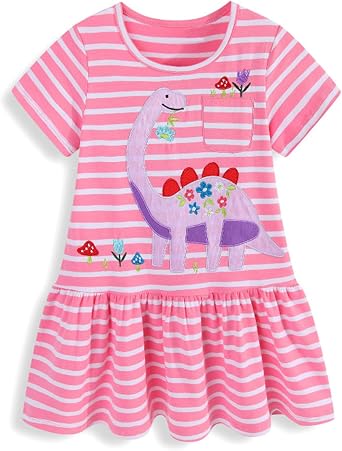 KISSOURBABY Little Girls Soft Summer Cotton Short Sleeve Dresses T-Shirt Casual Cartoon Dress