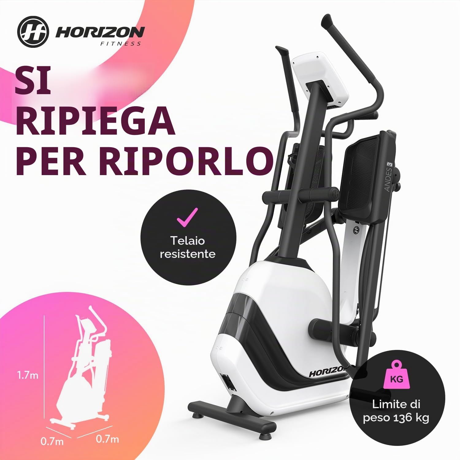 Horizon Fitness Elliptical Andes 3, Bianco/Nero, L x P x H in cm: 173 x 67 x 171 cm