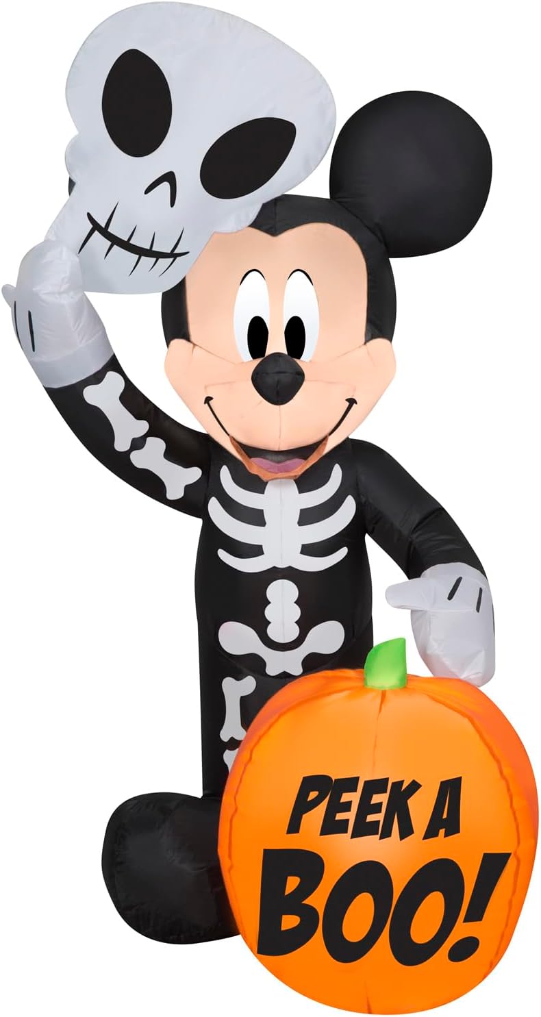 Gemmy Mickey Mouse Halloween Inflatable, 4 Ft Tall Lighted Skeleton Yard Decoration with Pumpkin, Disney Outdoor Decor with Stakes and Tethers