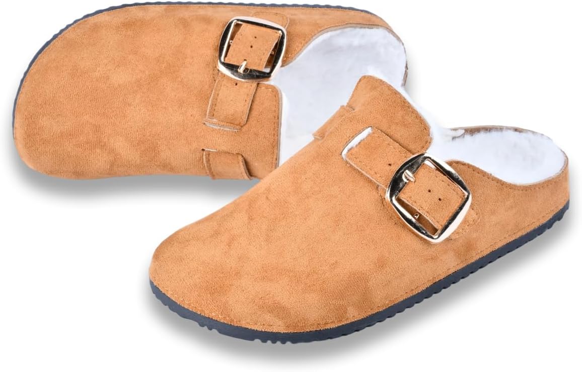 Women's Fuzzy Suede Clogs, Cozy Fur Lined Mules, Slip-On Winter Potato Shoes with Adjustable Buckle - Image 6