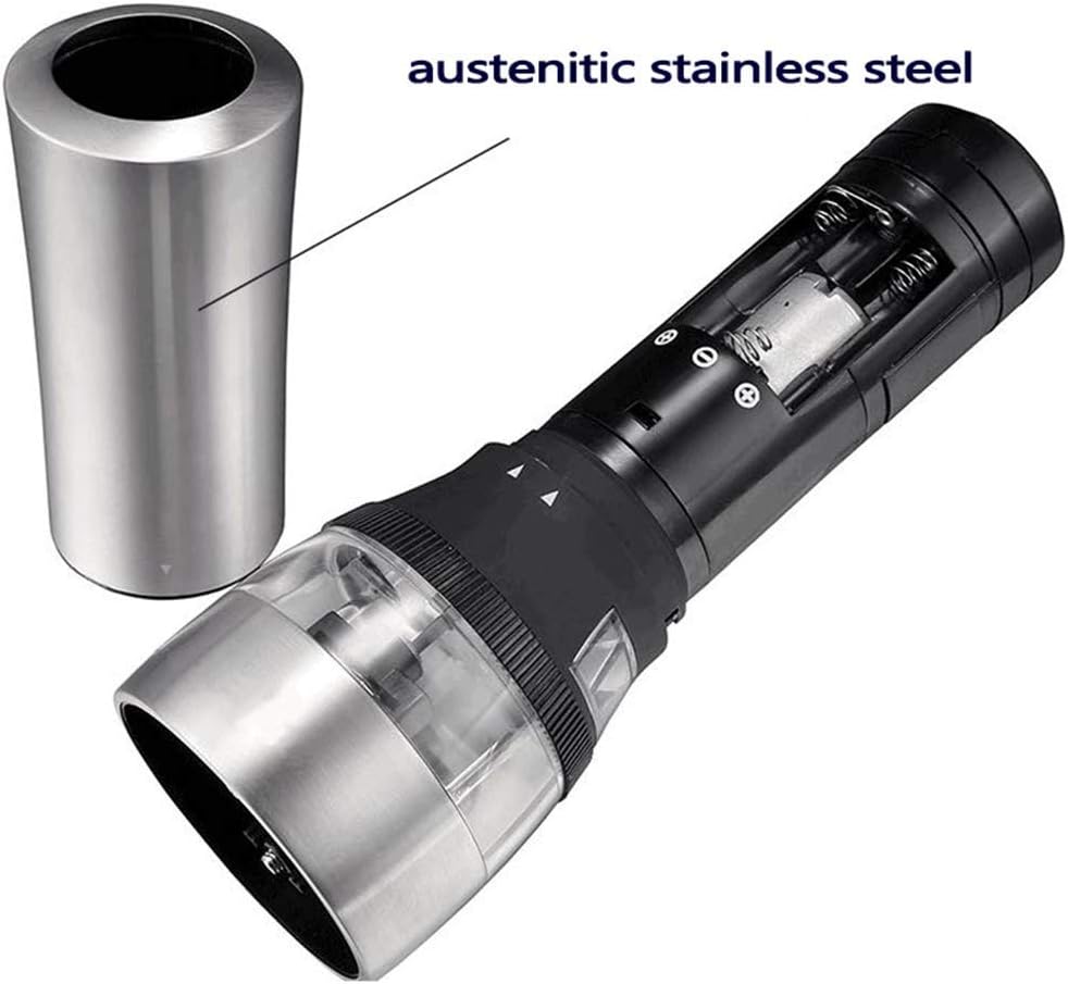 Salt and Pepper Grinder 2 in 1 Automatic Salt and Pepper Mill Battery Powered Condiment Grinder Refillable andd Stainless Steel Shaker.