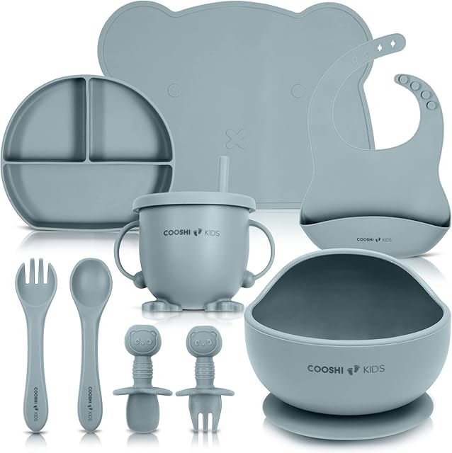 Baby Self Feeding Tableware Set - Divided Suction Plate - Suction Bowl - Sippy Cup - Adjustable Bib - Placemat - Weaning Fork + Spoon + Kids Spoon + Fork Set - Cooshi Kids 9 Piece (Blue)