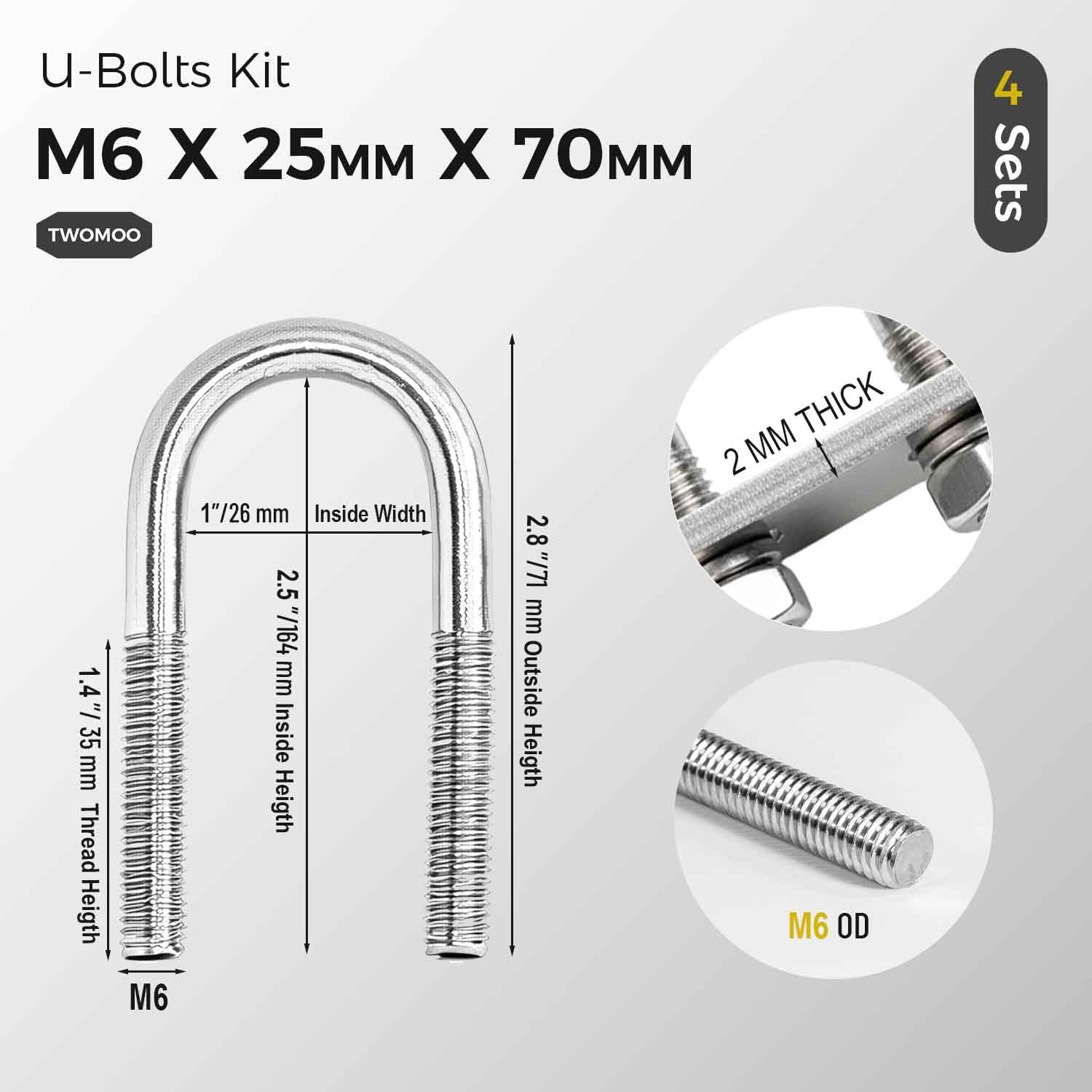 4 Sets Round U-Bolts, 1 inch Wide Stainless Steel U Clamp Bolts with Frame Plates and Nuts for Automobile, Wood, Tube, Boat Trailers (M6 x 25mm x 70mm)