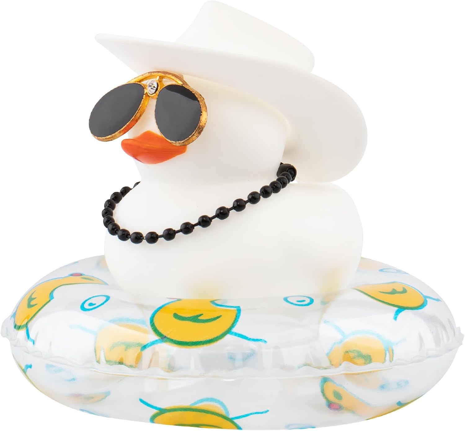 wonuu Rubber Duck Car Decorations Cute Car Accessories Dashboard Car Ornament with Cowboy Hat Swim Ring Colour Necklace and Sunglasses,H_White Black Necklace&Cowboy hat