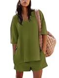 Yousify Womens 2 Piece Sets Summer Outfits 2025 Lounge Set 3/4 Sleeve Oversized Tops And Elastic Waist Shorts With Pockets