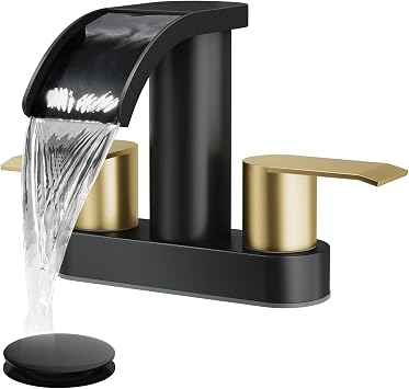 gotonovo 4 Centerset Bathroom Sink Faucet Waterfall Black&Brushed Gold | SUS304 Bathroom Faucet,2.17 Wide Spout,24 cUPC Water Line,Pop up Drain,2 Handle,Basin,Vanity,RV,Lavatory 2 or 3 Hole Sink