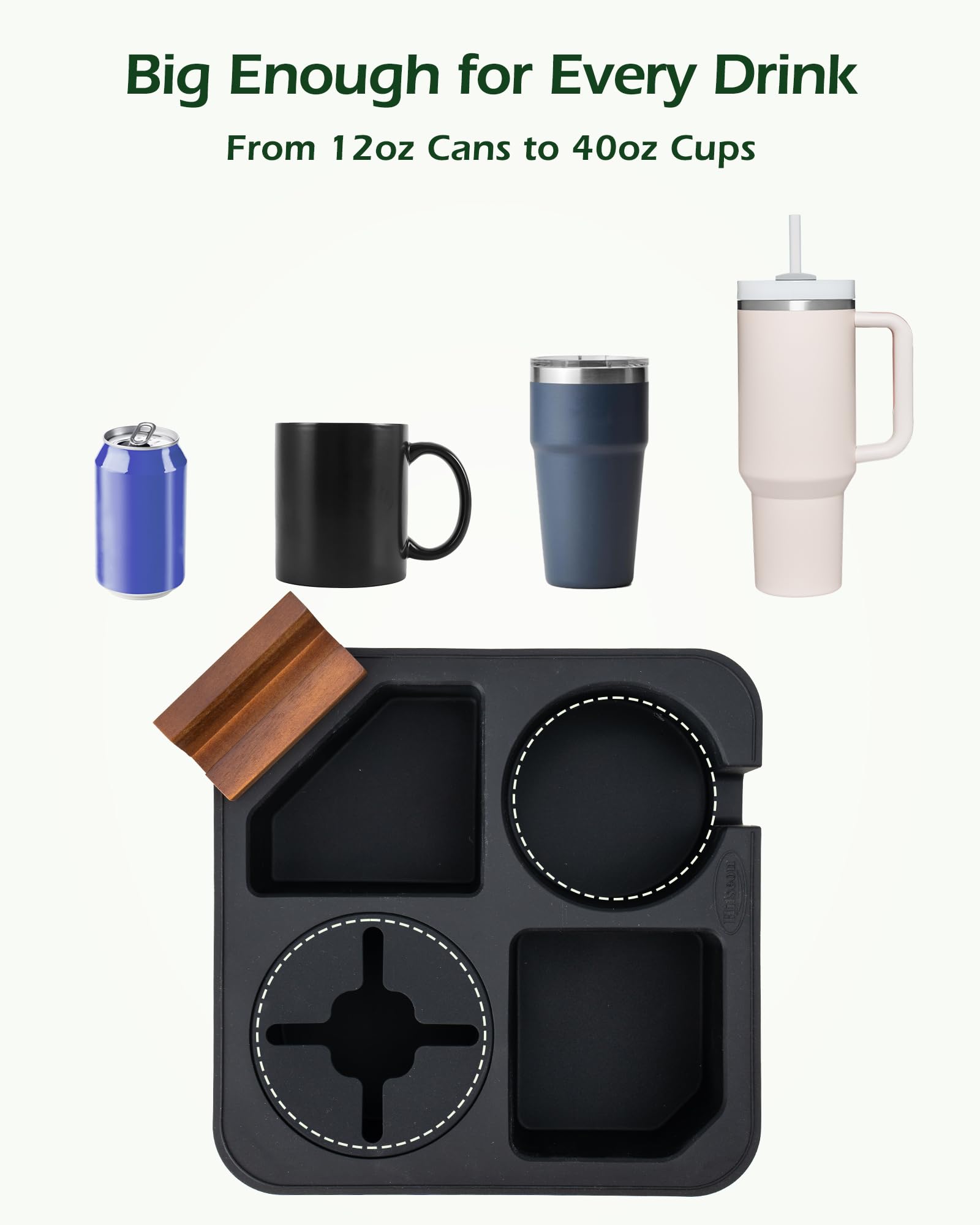 Couch-Becherhalter, Tablett aus Akazienholz, Couch-Caddy mit Getränkehalter, Schlitz, rutschfester Couch-Organizer für Getränke, Snacks, Fernbedienungen, abgerundete Ecken und Becher (grau)