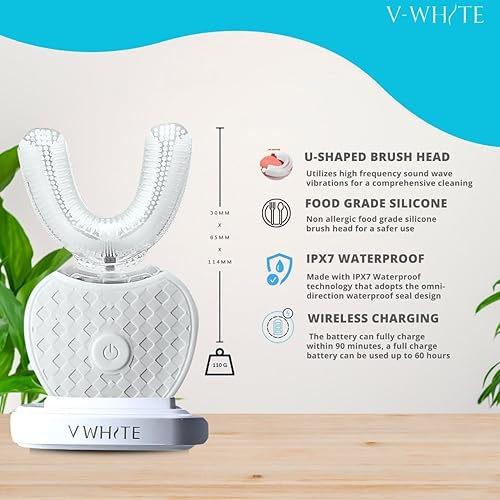 Miniatura 3 de V-White - Cepillo de dientes eléctrico para adultos, ultrasónico, en forma de U, para blanquear los dientes, limpieza bucal en 360°, protección