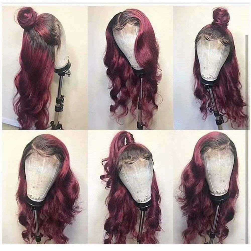 HD Invisible 360 Body Wave Lace Front Human Hair Wigs Pre plucked for Woman Ombre Color 1b/99j Glueless Brazilian Human Hair Front Lace Wig With Highlight Middle Part 20 Inch