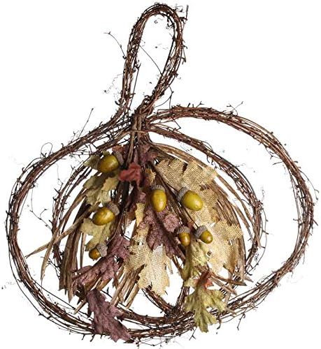 Factory Direct Craft Grapevine Pumpkin Hanger with Artificial Silk and Burlap Oak Leaves in Center for Home and Autumn Decor