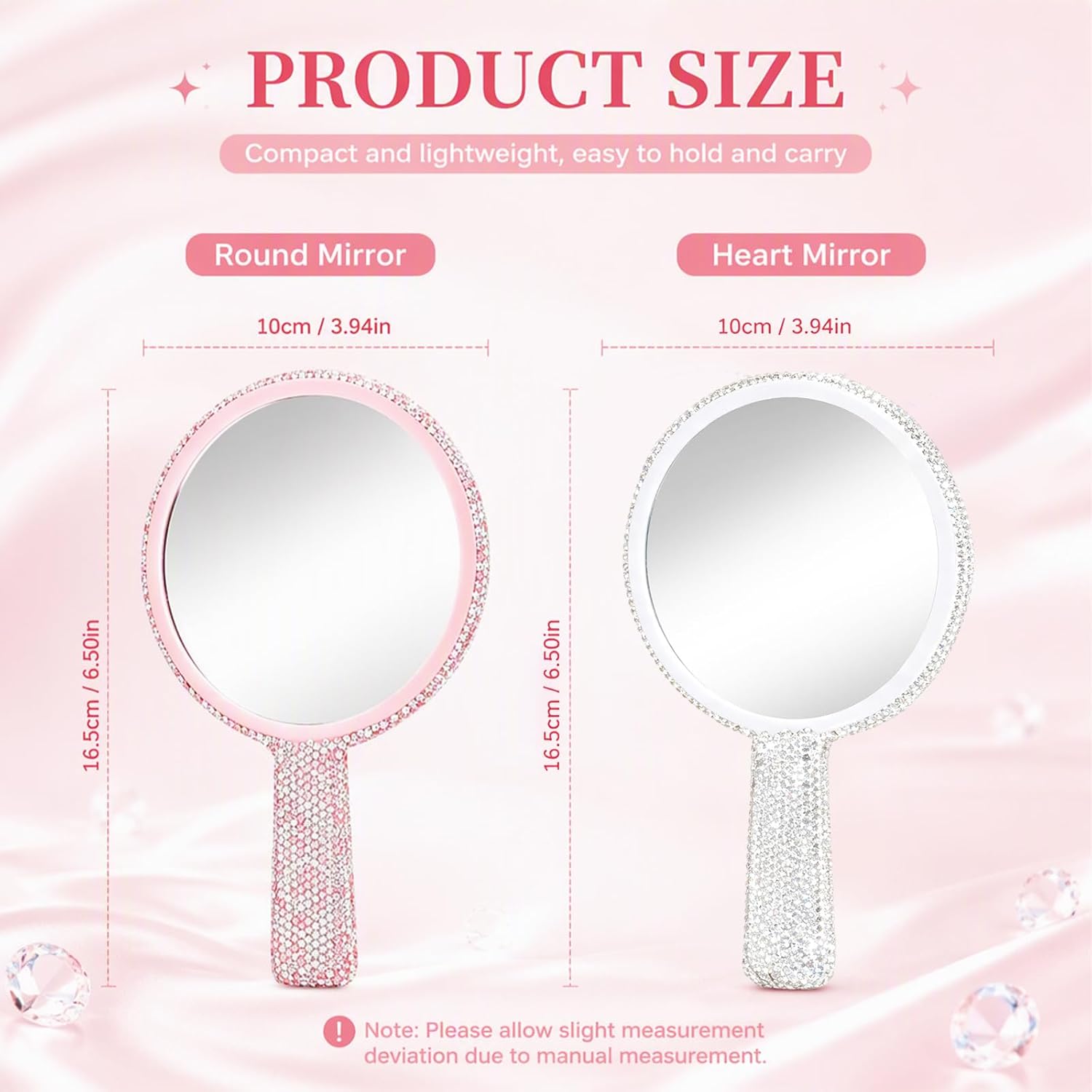 2 Pcs Large Round Handheld Mirror | 6.3*4.33 In Rhinestone Hand Held Mirror | Round Bling Glitter Dazzling Glass | Portable Travel Cosmetic Lash Mirror for Women Wedding Birthday Valentine's Day Gift image 2