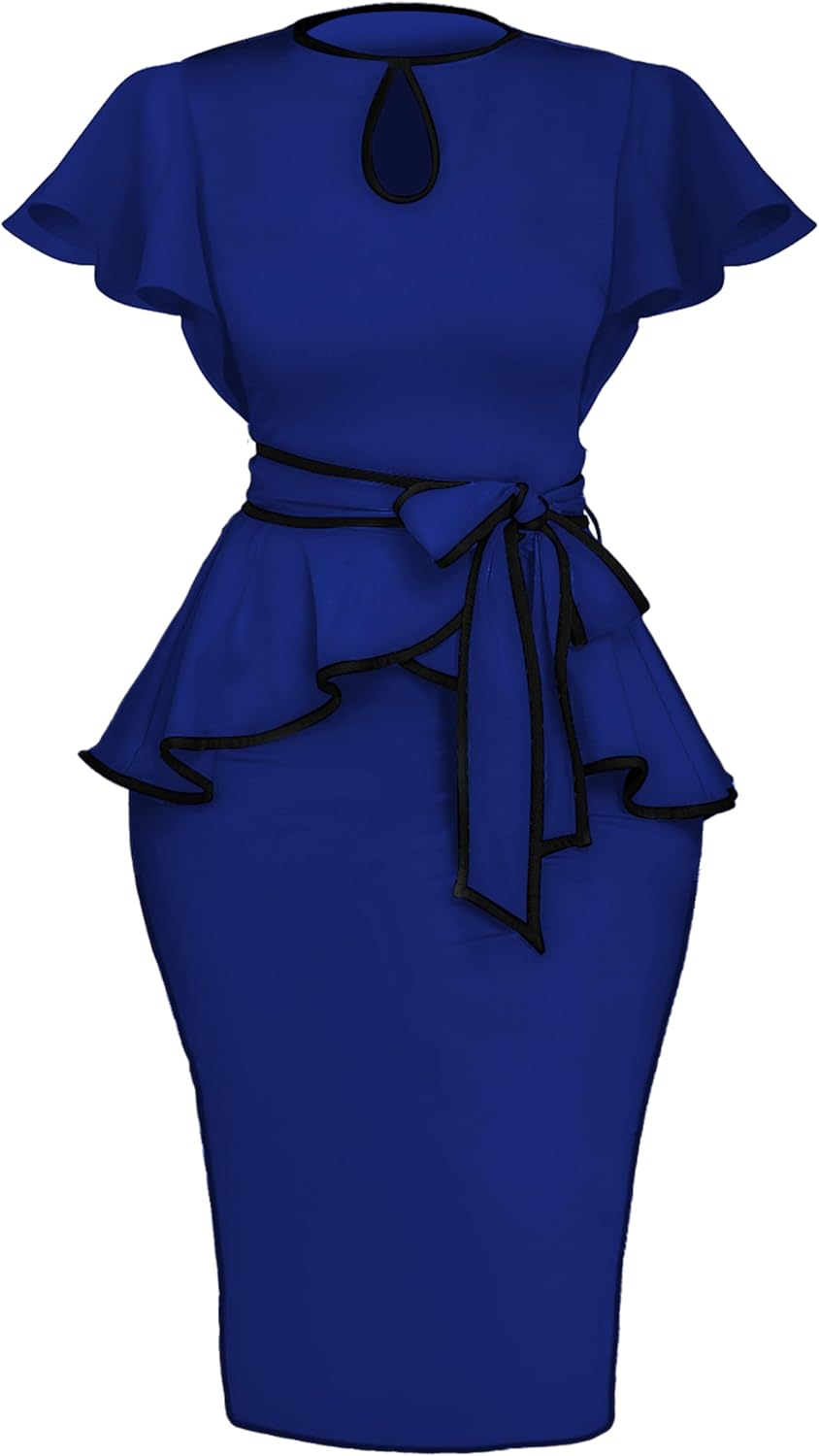 Women's Vintage Bodycon Church Ruffle Sleeve Ruched Dresses Work Midi Pencil Dress