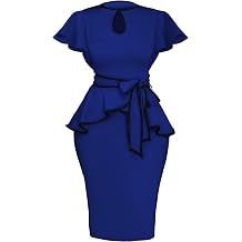 Womens Vintage Bodycon Church Ruffle Sleeve Ruched Dresses Work Midi Pencil Dress