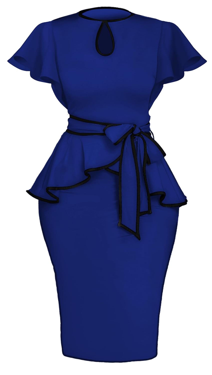 Womens Vintage Bodycon Church Ruffle Sleeve Ruched Dresses Work Midi Pencil Dress