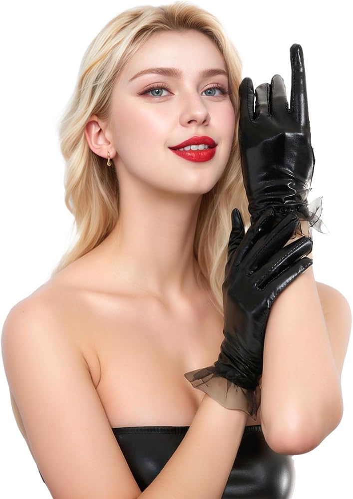 amazon schwarze handschuhe AhhiAboo Damen Lackleder Kurze mit Spitze - Lederhandschuhe Glänzend Cosplay Opera Party Handschuhe Size:43.5 / M9.5 1920sAcc Leki Race Coach C-Tech