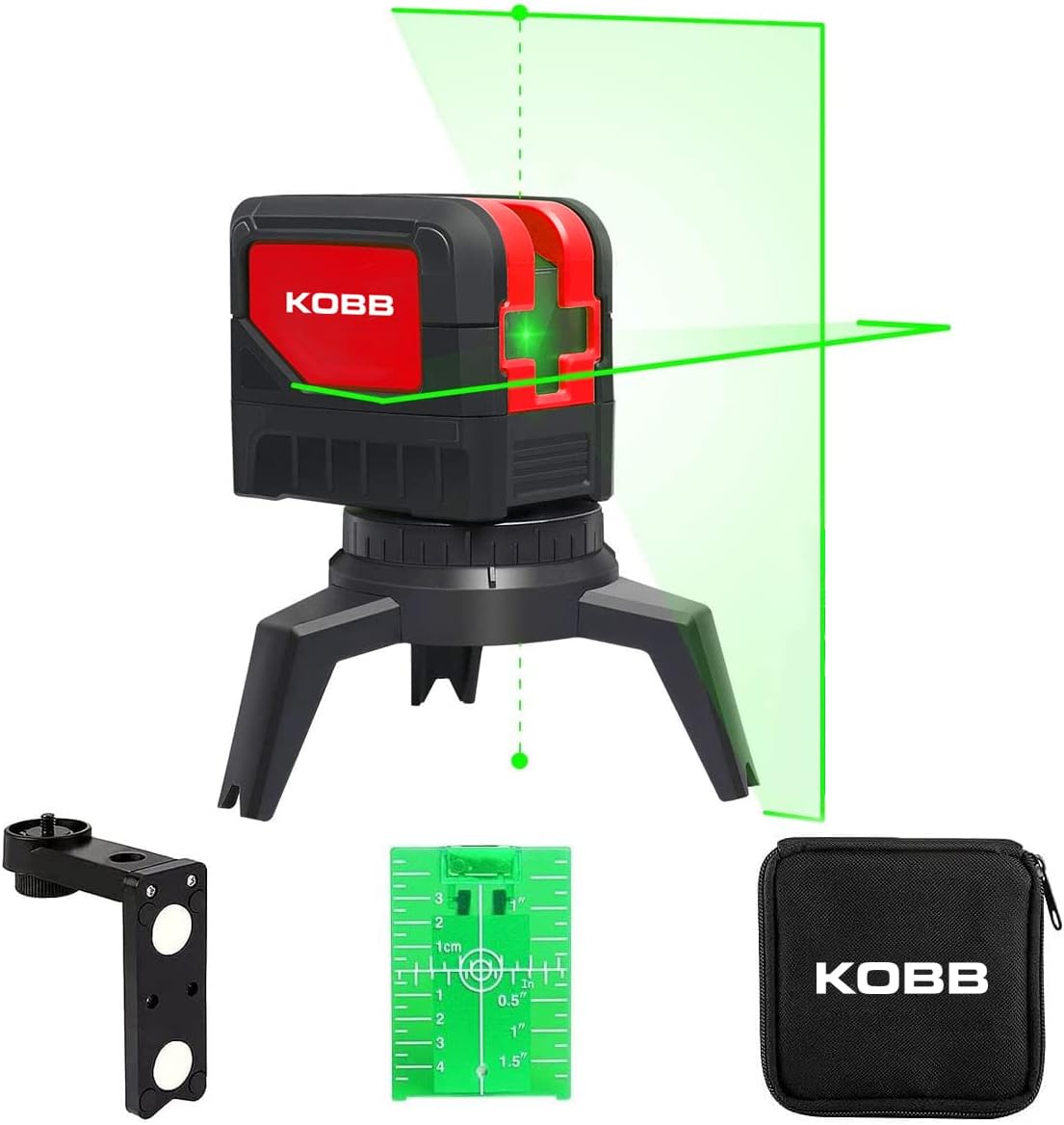 KOBB KBL92G 30 Metre Profesyonel Yatay ve Dikey Otomatik Hizalamalı Yeşil Çapraz Çizgi Lazer, 2 Noktalı Şakül Lazer Distomat + Mini Tripod, Kırmızı/Siyah