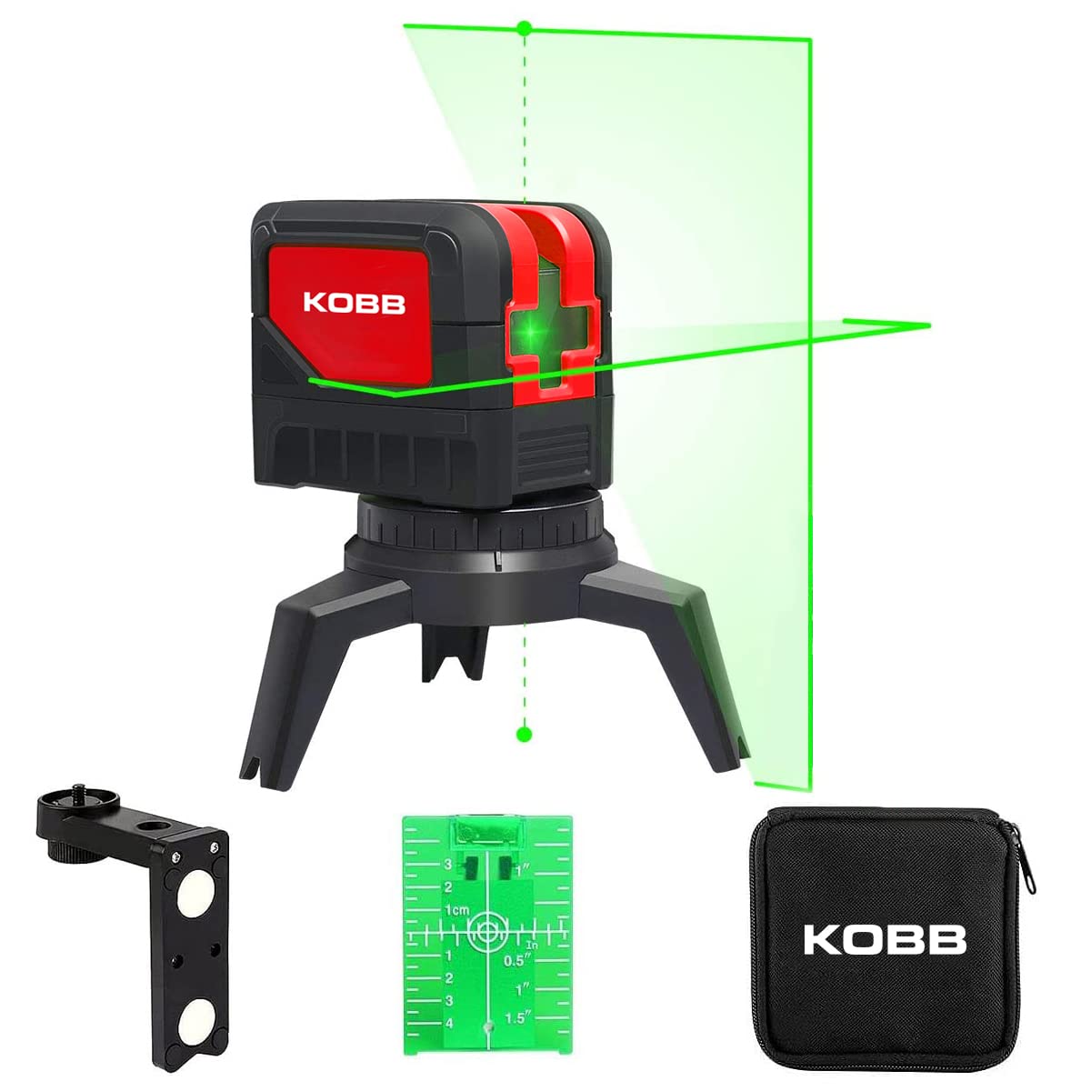 KOBB KBL92G 30 Metre Profesyonel Yatay ve Dikey Otomatik Hizalamalı Yeşil Çapraz Çizgi Lazer, 2 Noktalı Şakül Lazer Distomat + Mini Tripod, Kırmızı/Siyah