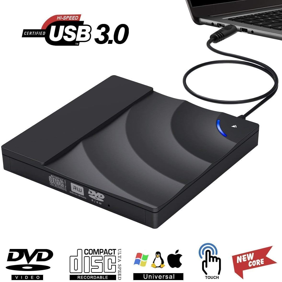 KILINEO TUPELO-DVD Drive-Y External CD/DVD Drive, USB 3.0 DVD +/-RW Superdrive CD Burner with High Speed Data Transfer Compatible for MacBook Laptop Desktop PC Windows10 /8/7/XP Linux Mac OS (Black), 5.85 x 5.85 x .7hes