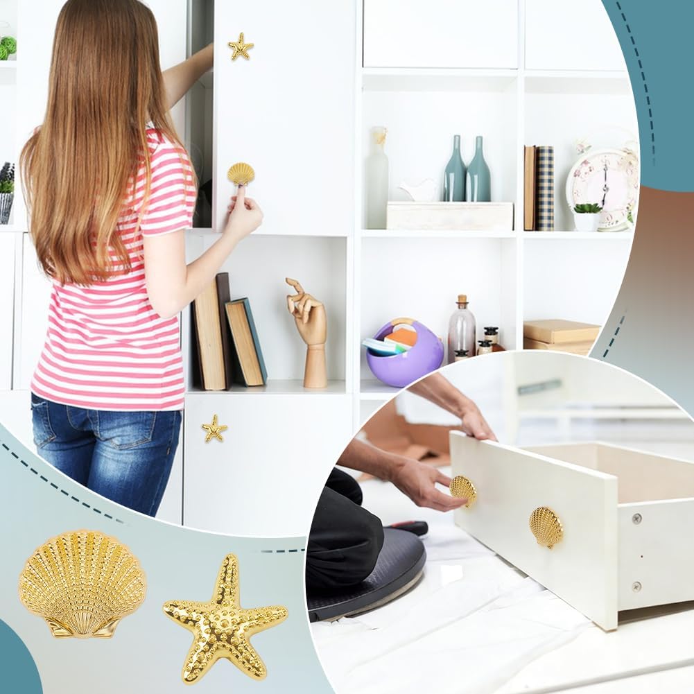 PH PandaHall 12pcs Starfish Shell Drawer Knobs 2 Styles Sea Animal Dresser Knobs Ocean Cabinet Knobs Handles Beach Drawer Pulls Handle for Home Furniture Wardrobe Closet Cupboard Accessories, Gold