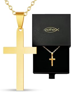 Christian Cross Gold Necklace for Women and Men - Catholic Religious Jewelry - Christian Pendant Symbol of Faith - Baptism and Communion Gift