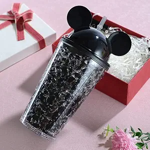 Bluwings Double Transparent Mason Sipper Jar Mug Bottle Cup Vacuum Flask with Straw for Water Ice Cream (500ml - Black)