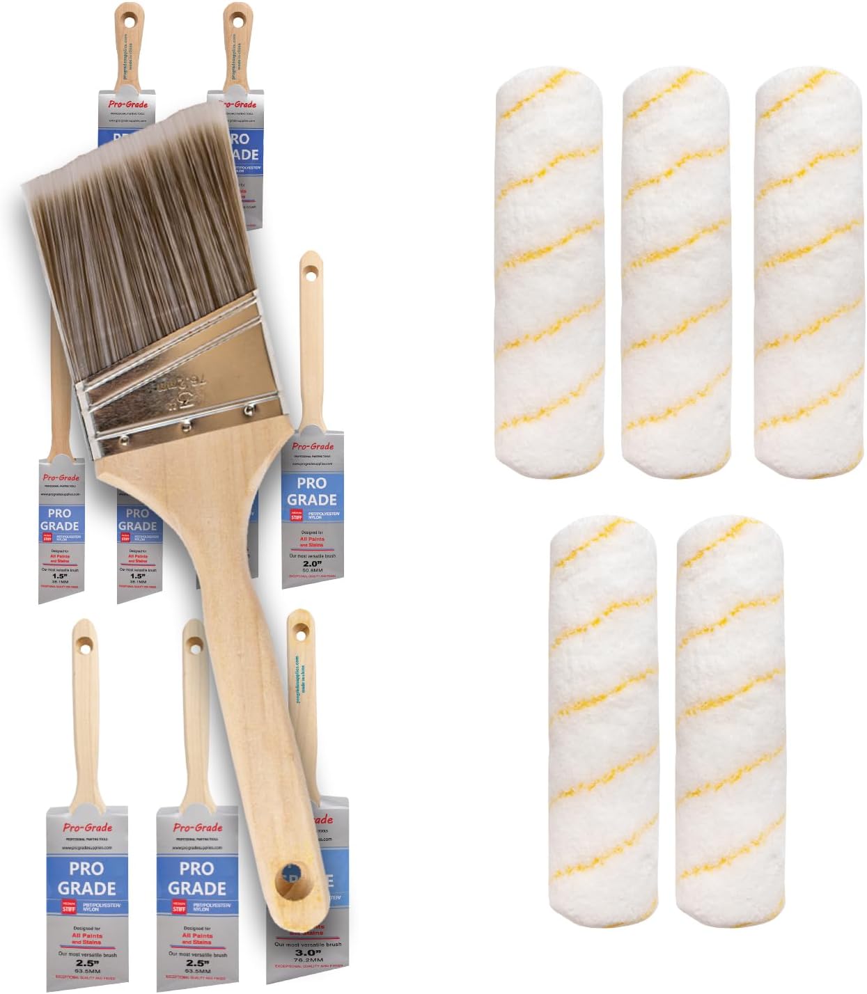Pro Grade - 10 Pack Angle Brush and 5 Pack Paint Roller Cover Used by Professional or Home Owners for Home Improvement - Interior & Exterior