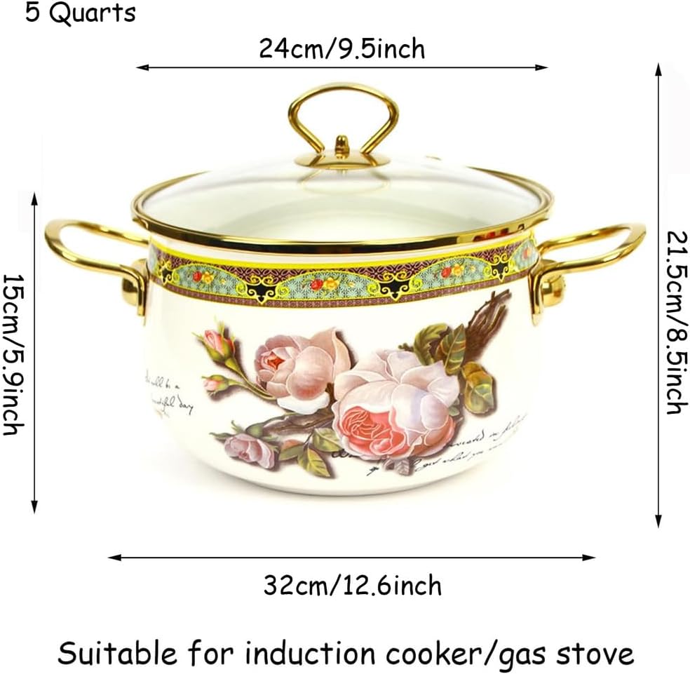 Enamel Stockpot with Lid, Flowers Nonstick Simmer Pot with Dual Handles for Stovetop, Large Saucepan Cooking Pot for Induction Cookers and Stove, Soup Pots,5 Quarts