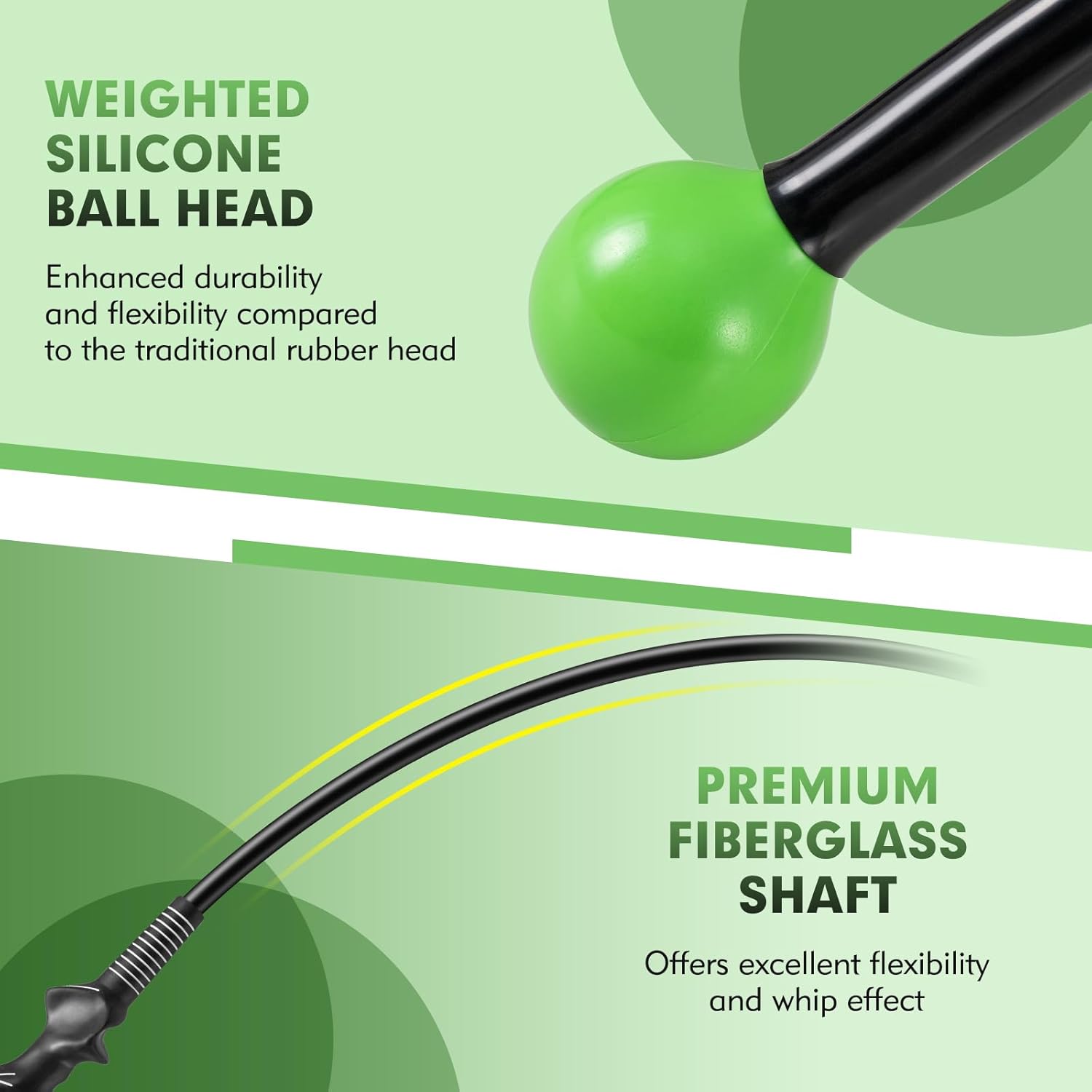 Close-up of the weighted silicone ball head and fiberglass shaft