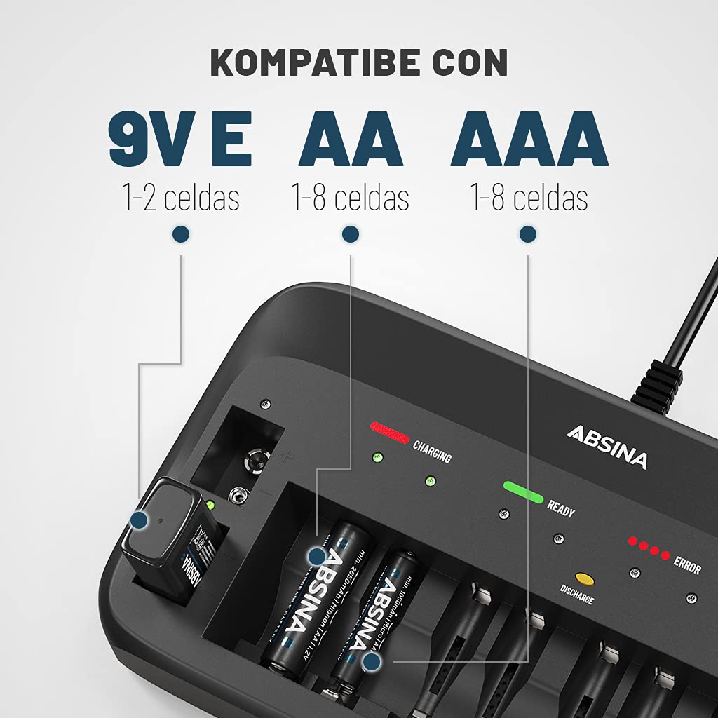 ABSINA X10 Cargador Pilas AA AAA & 9V + 8X AA 2900 Pila | Pilas recargables cargador 10-Slots
