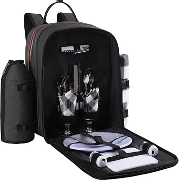 ALLCAMP OUTDOOR GEAR Picnic Backpack for 2 Person Set W/Detachable Bottle/Wine Holder, Fleece Blanket, Plates and Cutlery Set Black