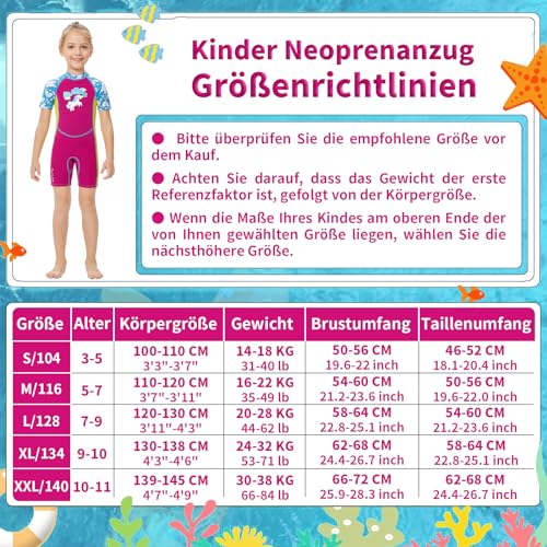 Foto von Yueta Kinder Neoprenanzug kurz, 2.5mm Neopren Tauchanzug Mädchen, Kurze Neoprenanzüge Reißverschluss hinten UV-Schutz 50+ Wetsuit zum Tauchen, Schwimmen, Surfen, Wassersport (Fuchsia, S)