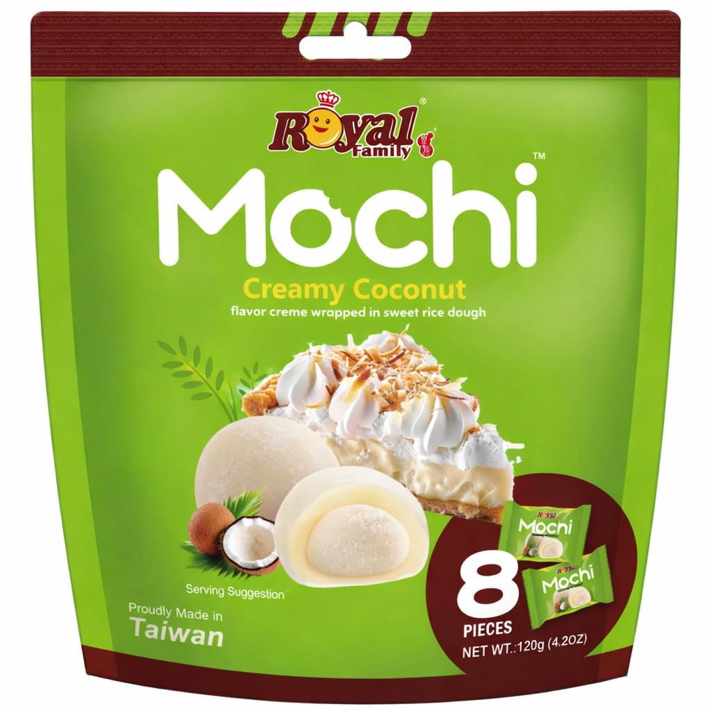 Royal Family Mochi Creamy Coconut 120g Bag By COUGAR | Soft & Chewy Mochi Filled with Smooth Coconut Creme | 8 Pieces | Made in Taiwan | No Artificial Colors or Flavors | Authentic Asian Dessert Snack | Individually Wrapped Premium Treat – (Imported-Taiwan)-image-3