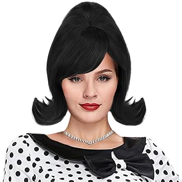 Black Beehive Wig 50s Flip Hair 60s Black Wig with Retro Bangs Women Heat Resistant Hair for Halloween Cosplay Party
