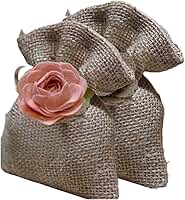 Saquinhos de Juta Decorativos com Rosa e Fita de Cetim, 10 Unidades, para Bem Casados e Presentes