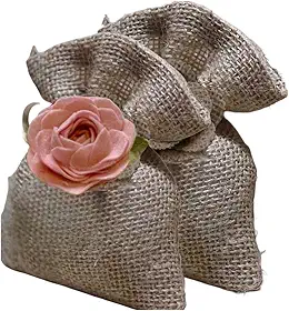 Saquinhos de Juta Decorativos com Rosa e Fita de Cetim, 10 Unidades, para Bem Casados e Presentes