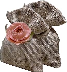 Saquinhos de Juta Decorativos com Rosa e Fita de Cetim, 10 Unidades, para Bem Casados e Presentes