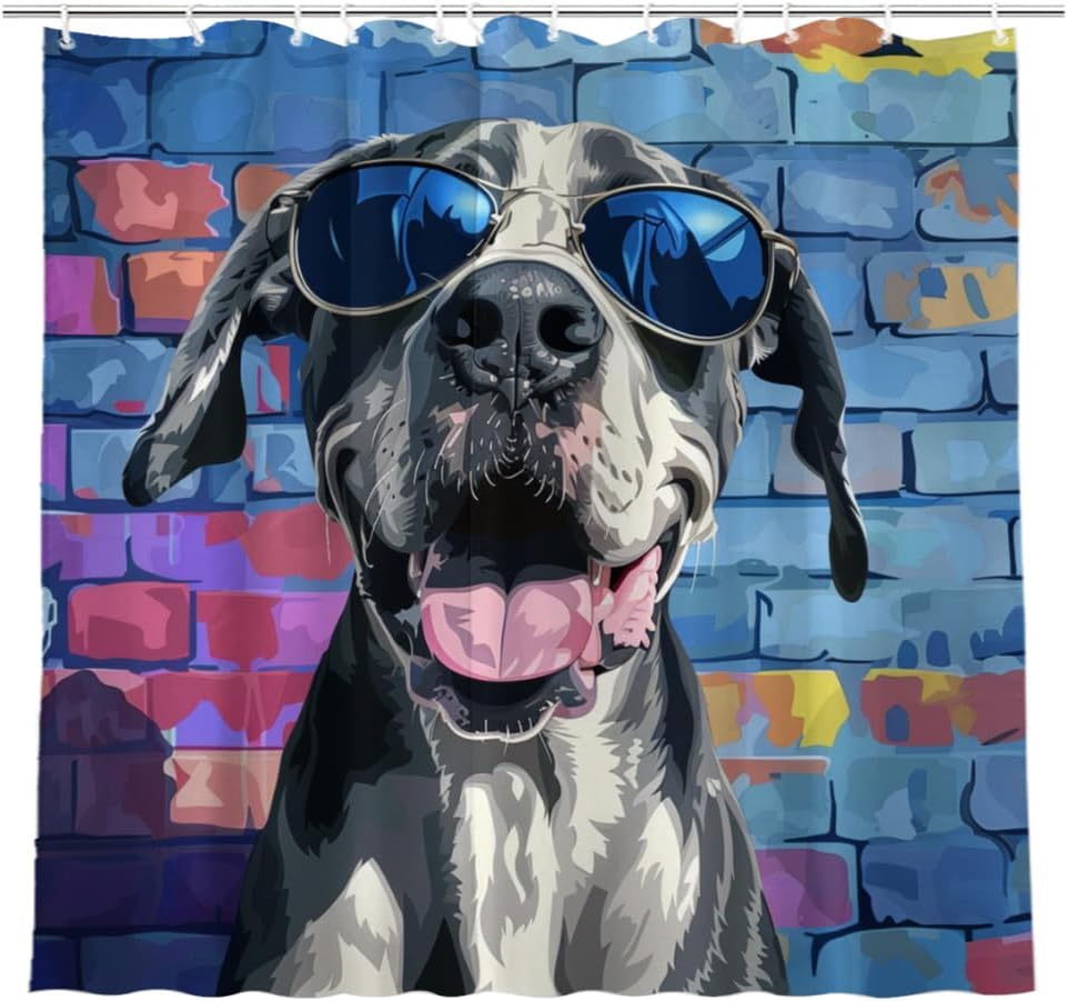 NGZ Great Dane Shower Curtain with Sunglass Shower Curtain Farmhouse Flower Funny Rustic Blossom Fabric Bathroom Decor Set with Hooks(72Wx72H)