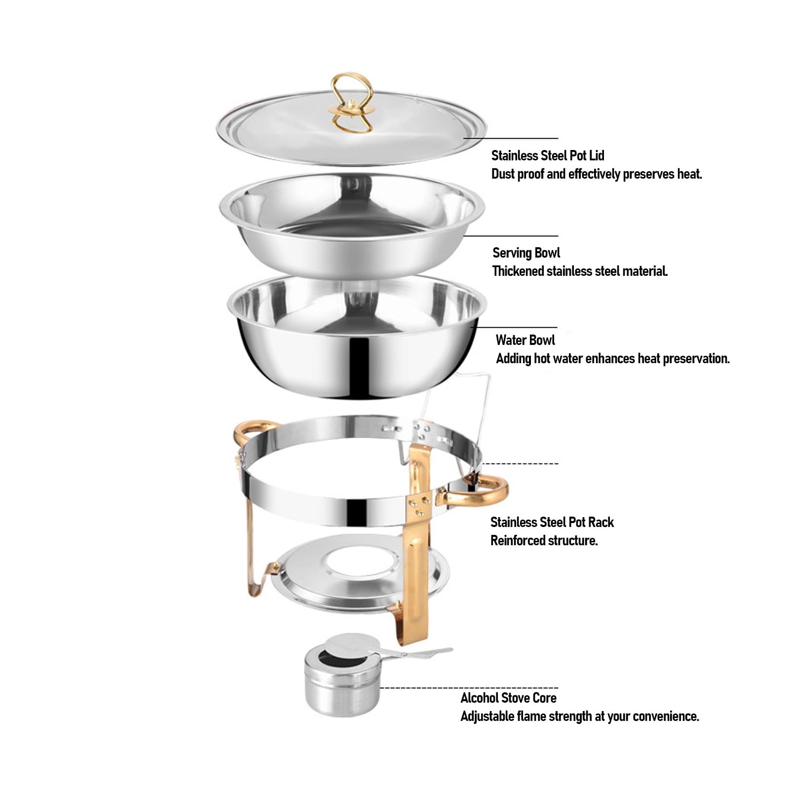 Brrnoo Juego de 2 Platos Redondos para Frotar, de Acero Inoxidable, de 4,5 L, con Soportes para Tapas y Cubiertas Ventiladas para Fiestas de Catering Tipo Buffet