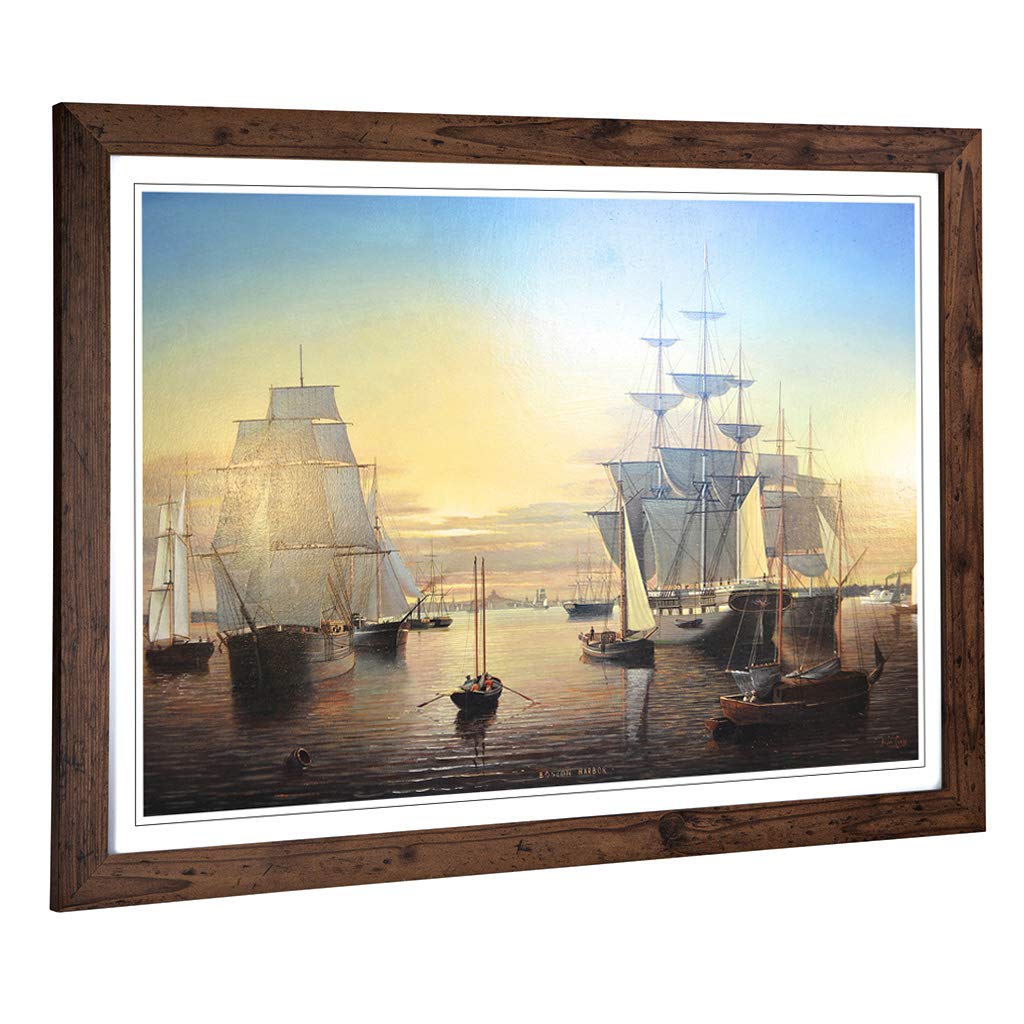 Big Box Art Framed Print of Fitz Hugh Lane Ships in Boston Harbour Design | Wall Art Picture | Home Decor for Kitchen, Living Room, Bedroom, Hallway, Walnut, A2 / 24.5x18 Inch / 62x45cm