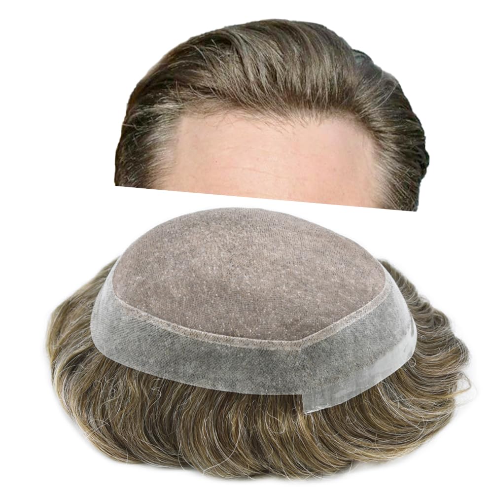 Fine Mono Hair System for Men Toupee Hairpiece Human Hair Replacement System for Men Natural Hairline Mens Hairpieces #640#6 Light Brown+40% Grey 7X9 120% Density