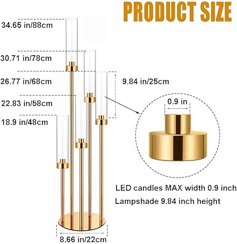 Miniatura 2 de Juego de 8 candelabros dorados de 35 pulgadas para mesas, candelabros, centros de mesa de boda, decoración de mesa, pantalla acrílica para velas LED