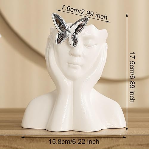 Miniatura 6 de Jarrón de cerámica blanca para decoración, cabeza de forma humana creativa, medio cuerpo, busto, floreros con mariposa para el hogar, oficina, sala