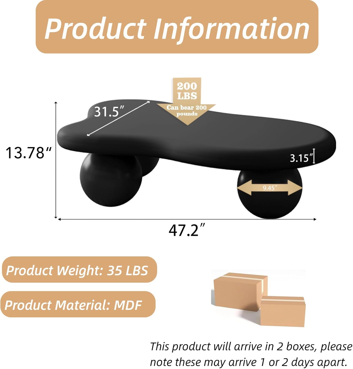 47" Cloud Coffee Table with Round Edge, Modern Coffee Table with 3 Ball Legs, Accent Unique Center Tables for Living Room, Balcony, for New Home, Easy Assembly, Black