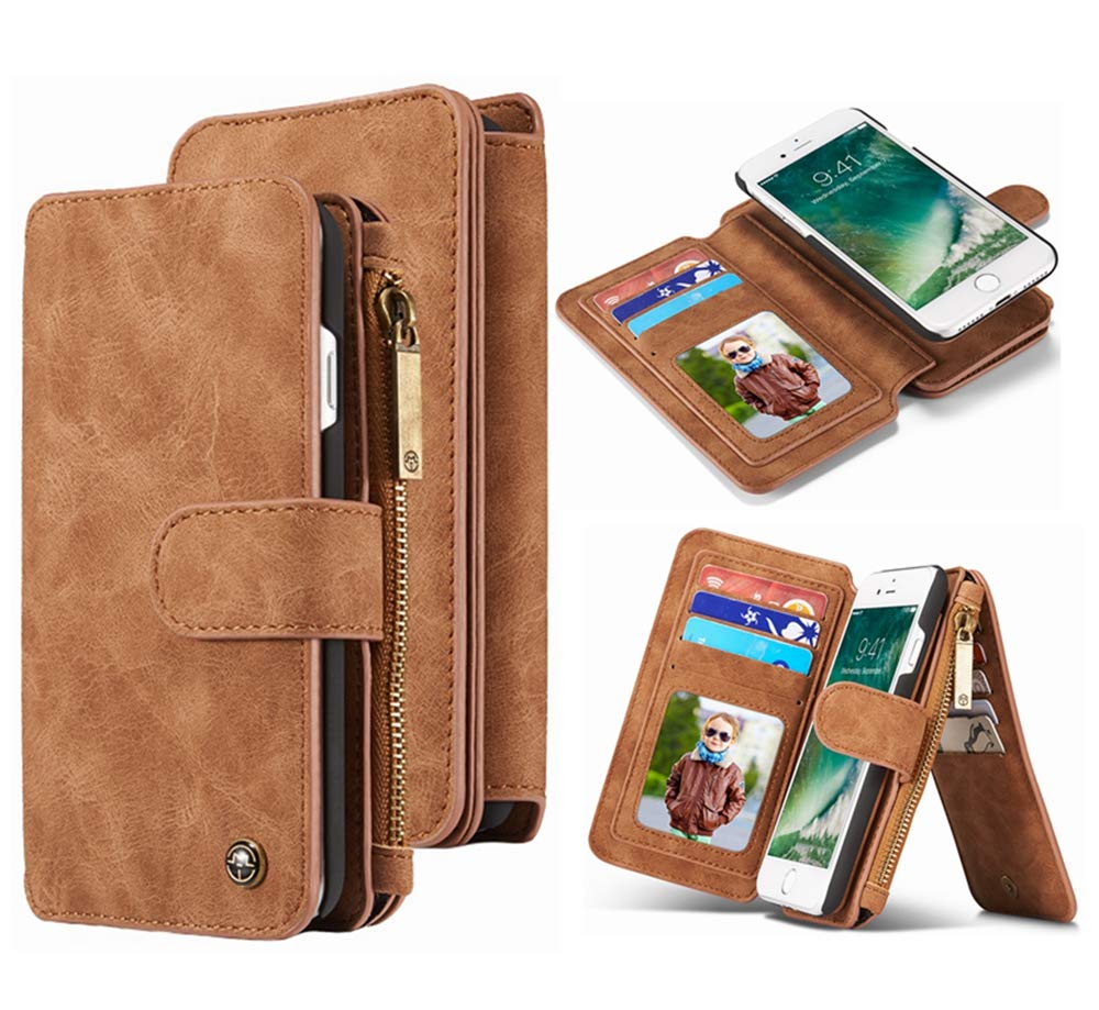 iPhone 8 Plus Wallet Case,iPhone 7 Plus Leather Detachable Magnetic Hynice Purse with Kickstand Strap 14 Card Slot Slim Protective Shell Cover Zipper Pocket for iPhone 8Plus/7Plus 5.5 (14Card-Brown)