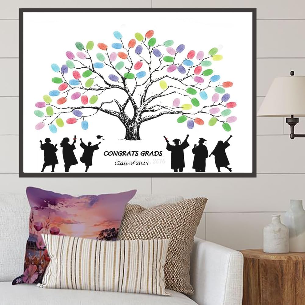 Graduation Fingerprint Tree, Grad Party, Class of 2025 Guest Book Party Ideas, Use your fingers to print your signature on a custom painting, hung as a graduation commemoration (Color 1)